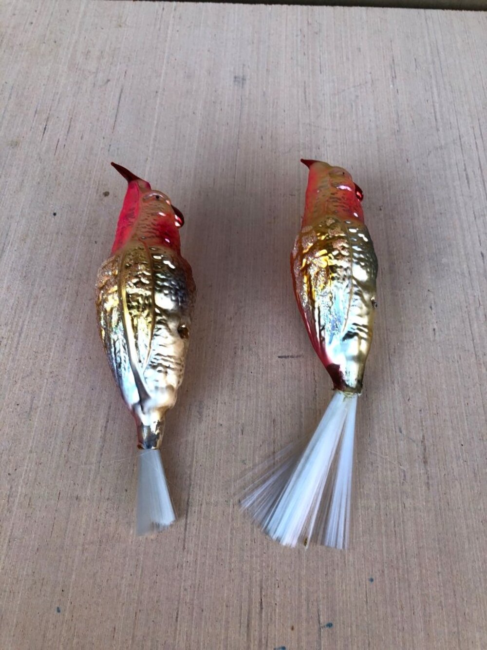 Vintage Glass Bird Christmas Ornaments Brush Tails Gold Pink Iridescent Set Of 2